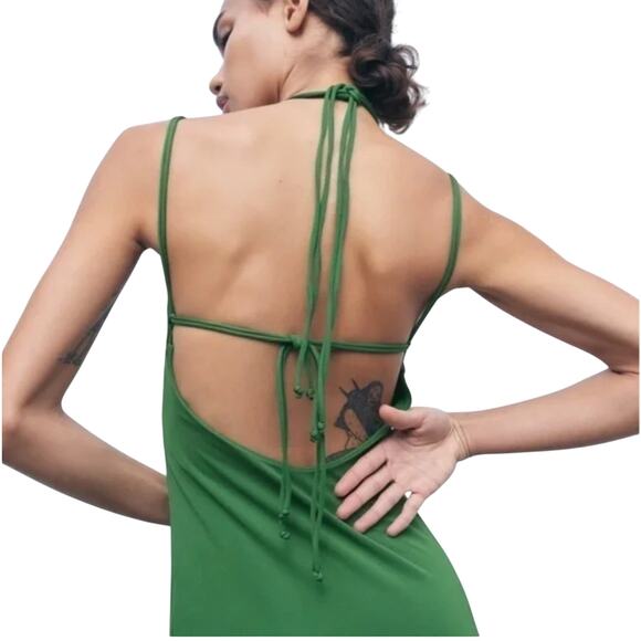 Zara Emerald Green Strapless V-Neck Keyhole Halter Top Tie Back Maxi Dress M - Picture 2 of 11